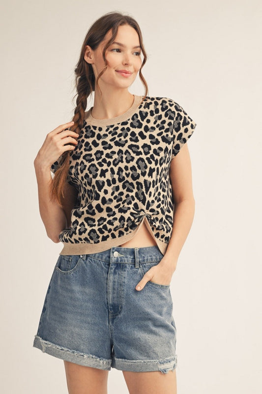 Front Knot Accent Leopard Sweater Top