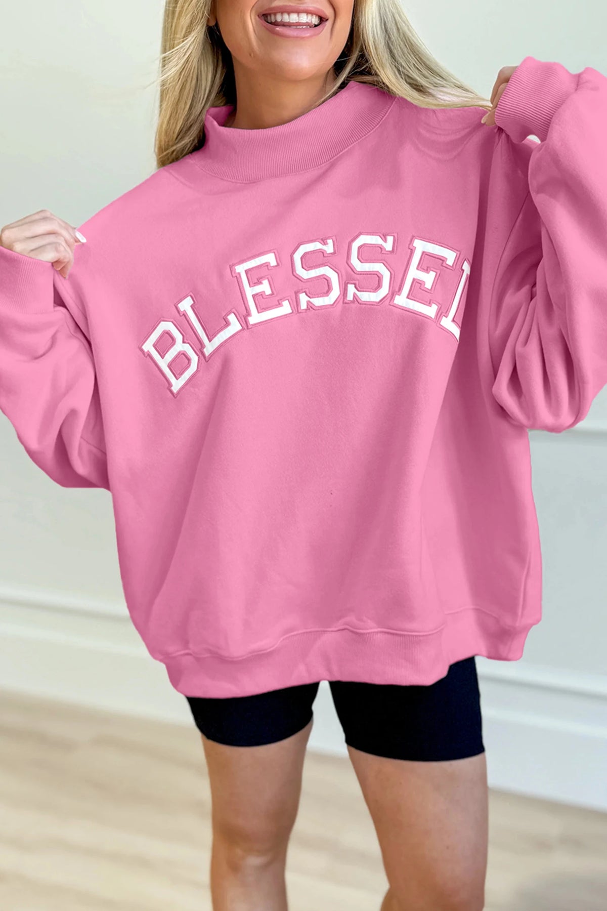 Oversize Blessed Embroidered Mock Neck