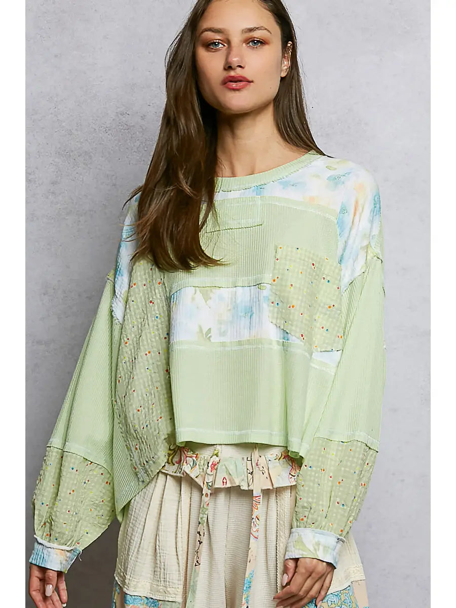 Long Sleeve Round Neck Floral Stripe Stitch Knit Top