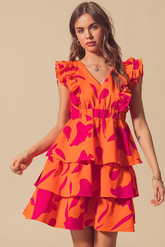 Floral V Neck Dress With Elasticized Waist
