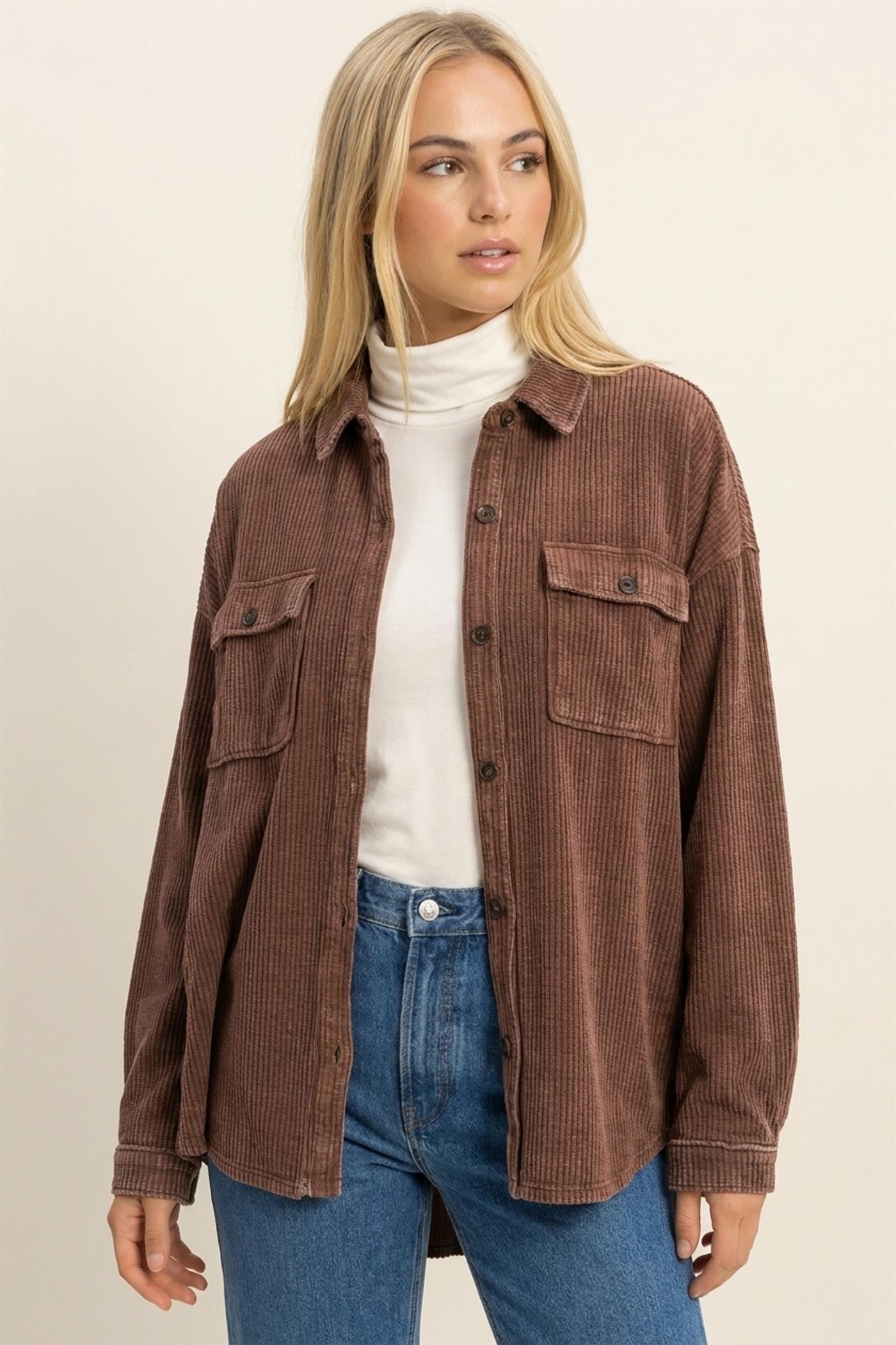 Mineral Wash Waffle Knit Button-up Shacket