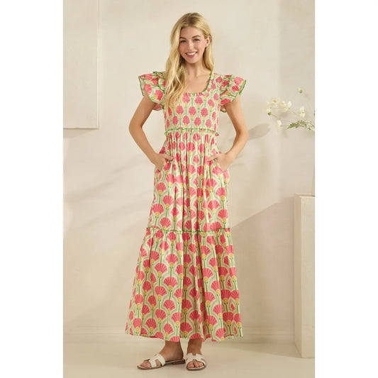 Bold Floral Print Maxi Dress with Ruffle Sleeves