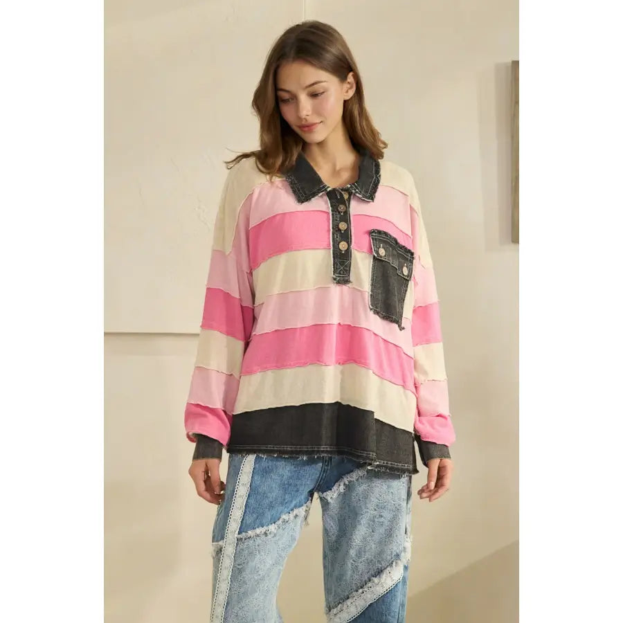 Washed Color Block Striped Henley Top