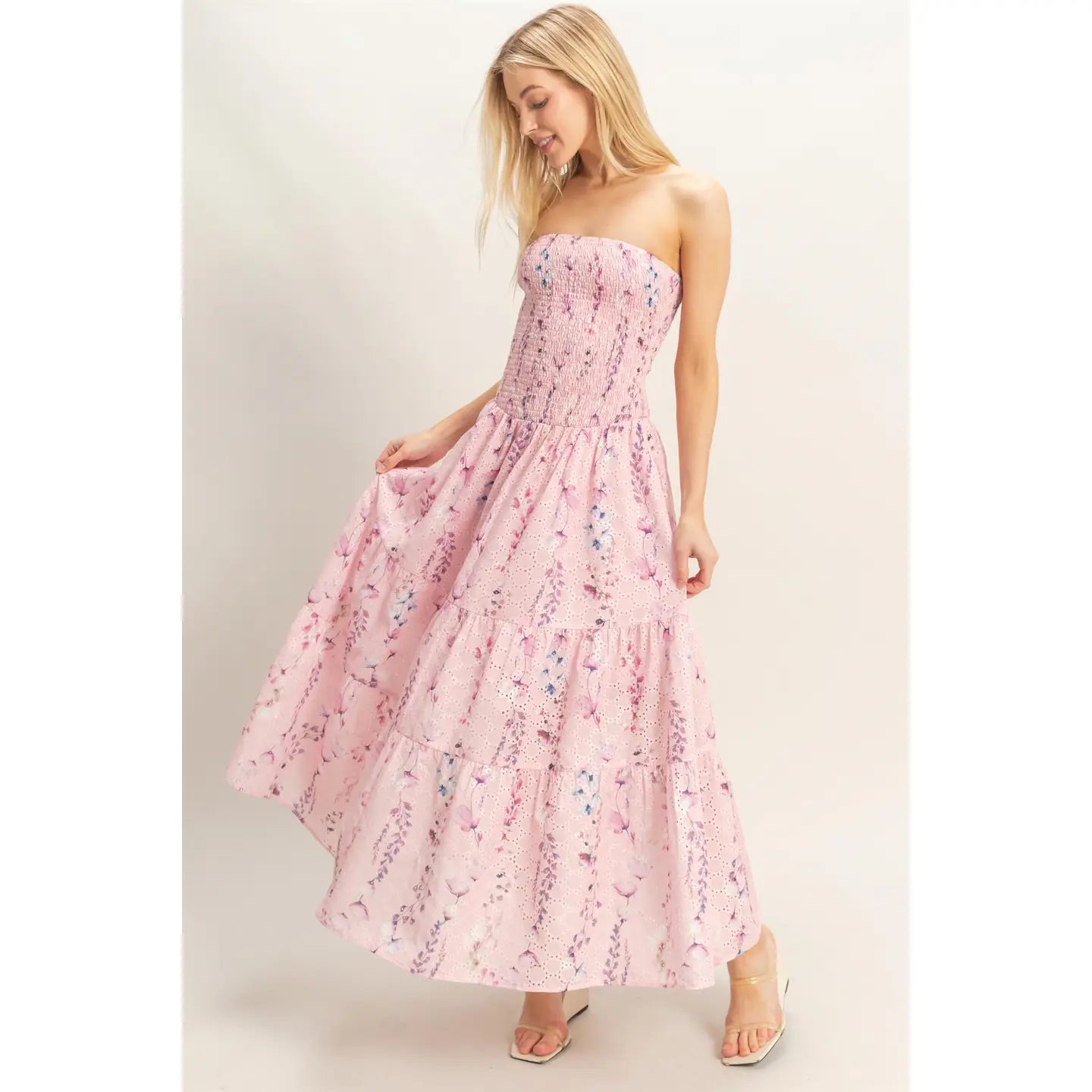 Strapless Smocked Floral Dress