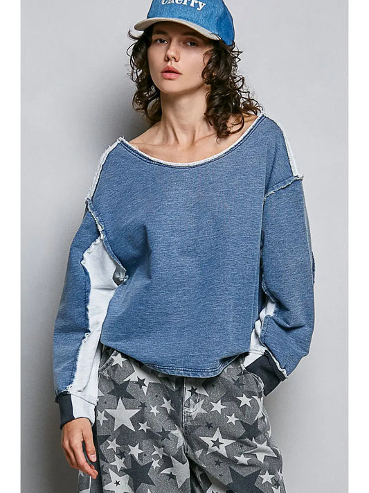Casual French Terry Outseam Accent Solid Long Sleeve Top