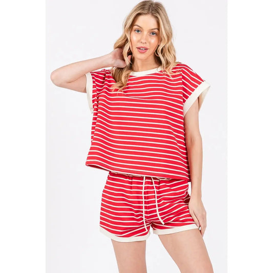 Contrast Striped Round Neck Top & Shorts Set