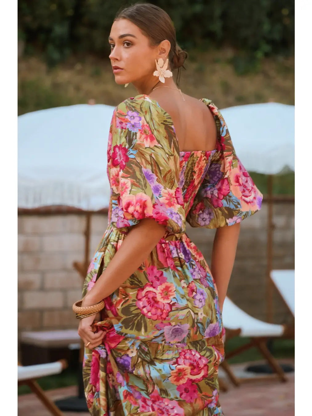 Printed Maxi Dress with Short Bubble Sleeve