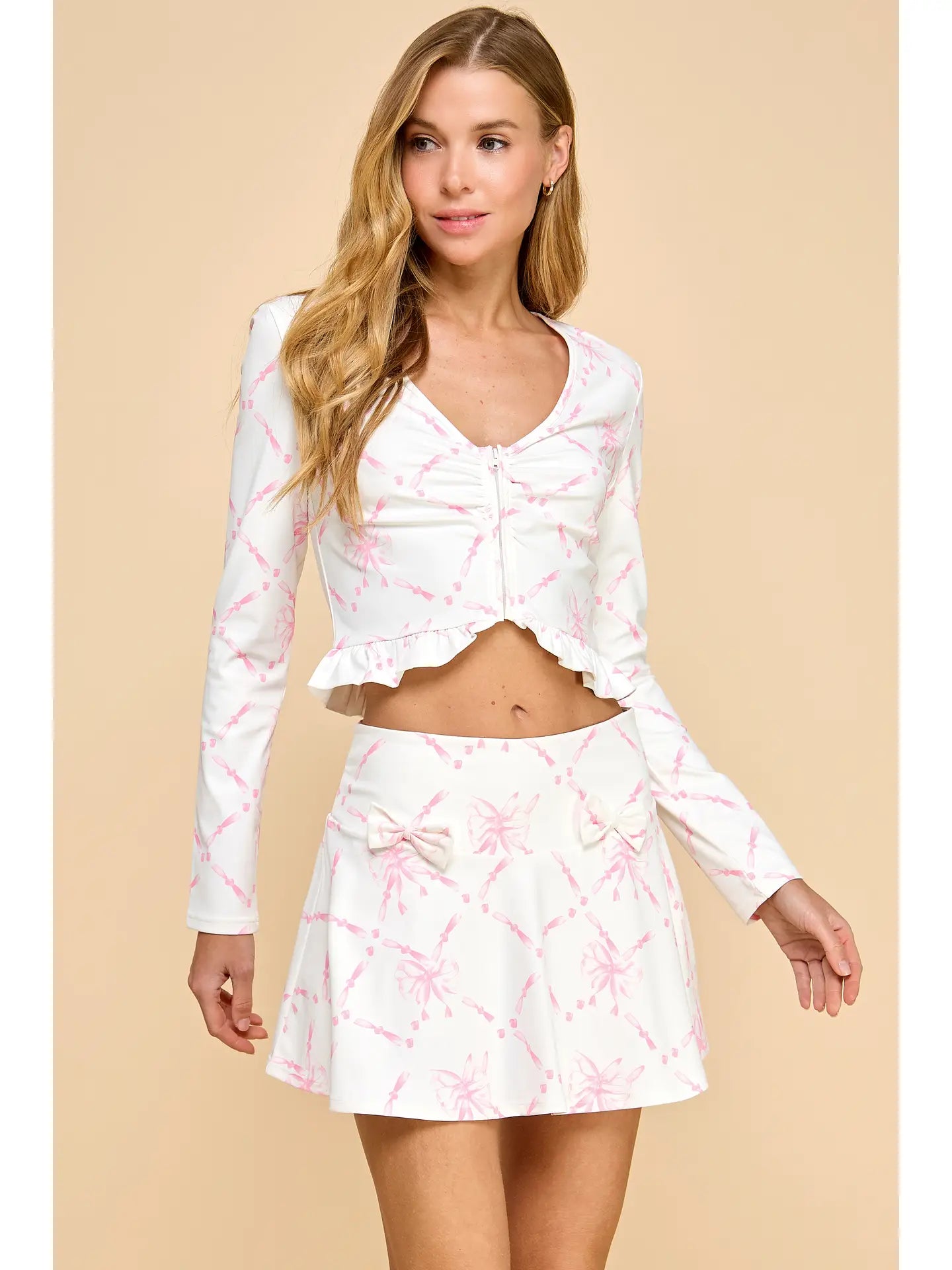 Ribbon Printed Zippered and Ruched Cardigan and Skirt