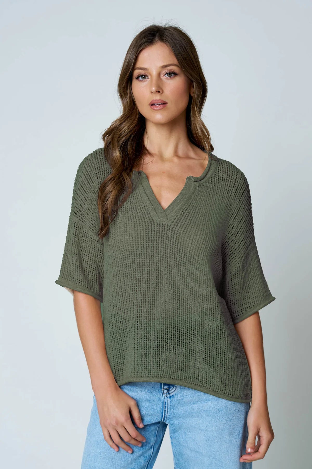 SPLIT NECK SHORT SLEEVE SHEER CROCHET KNIT TOP