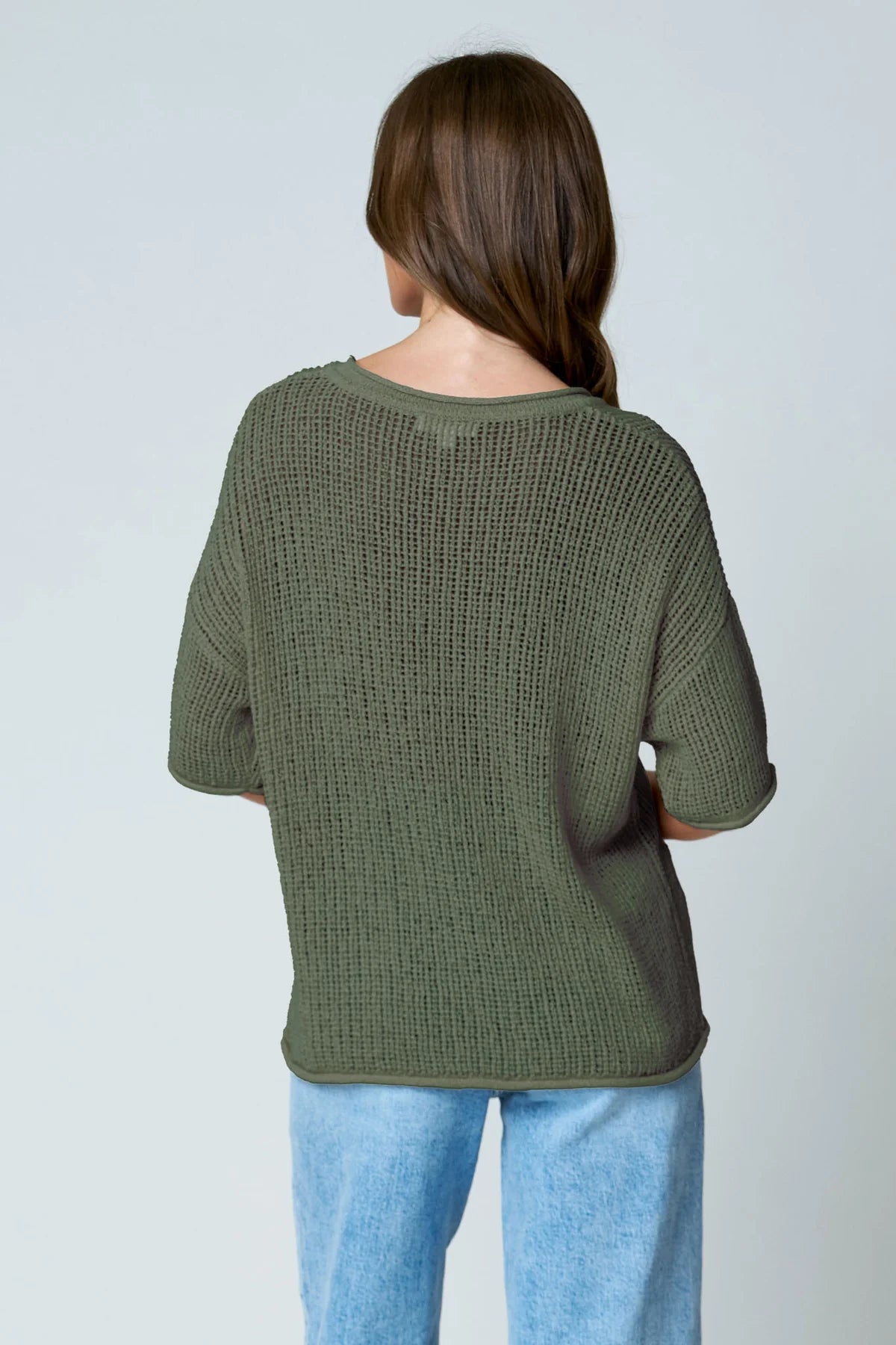 SPLIT NECK SHORT SLEEVE SHEER CROCHET KNIT TOP