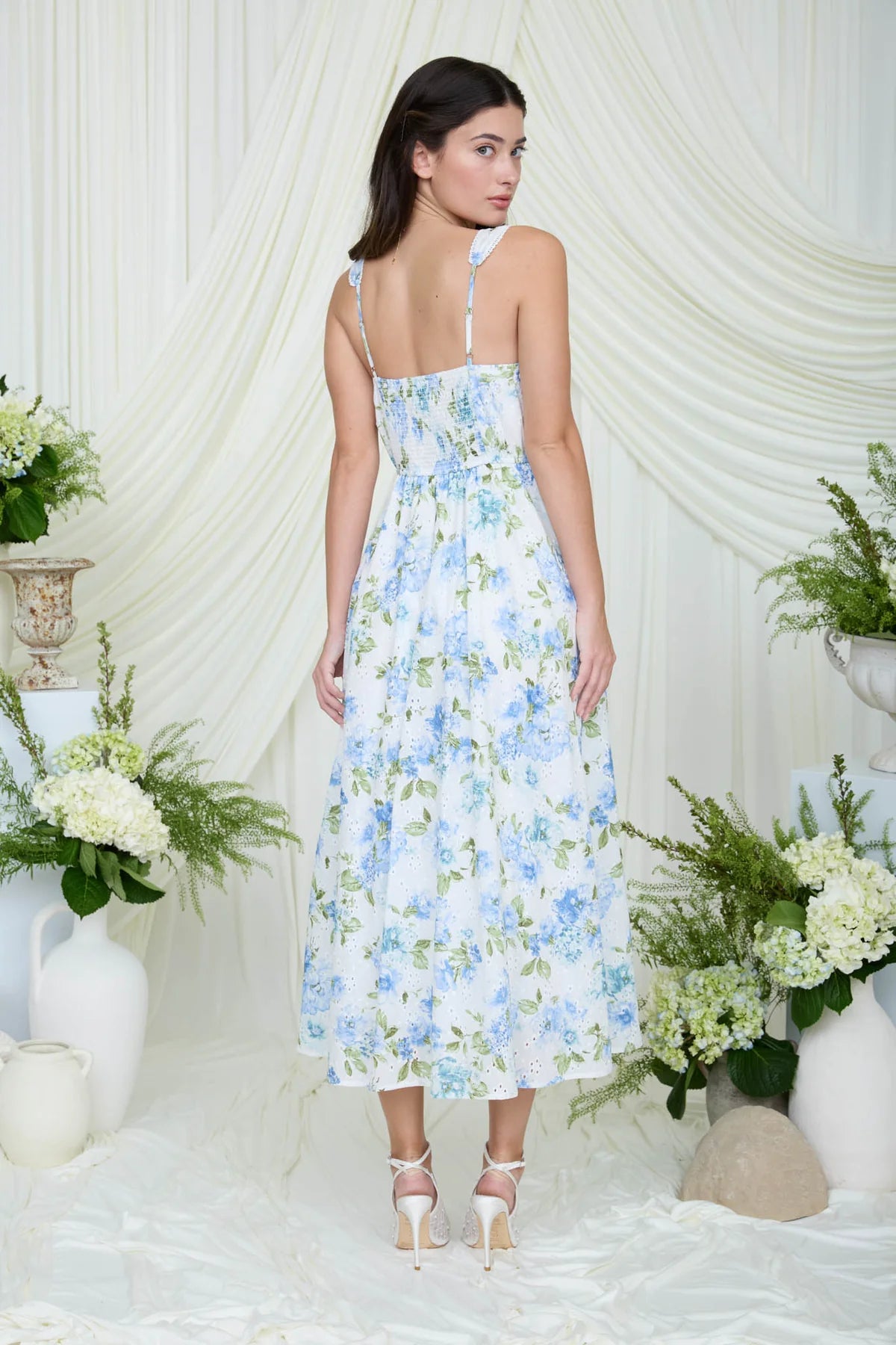 FLORAL EYELET PATTERN SCALLOP LACE TRIM MIDI DRESS