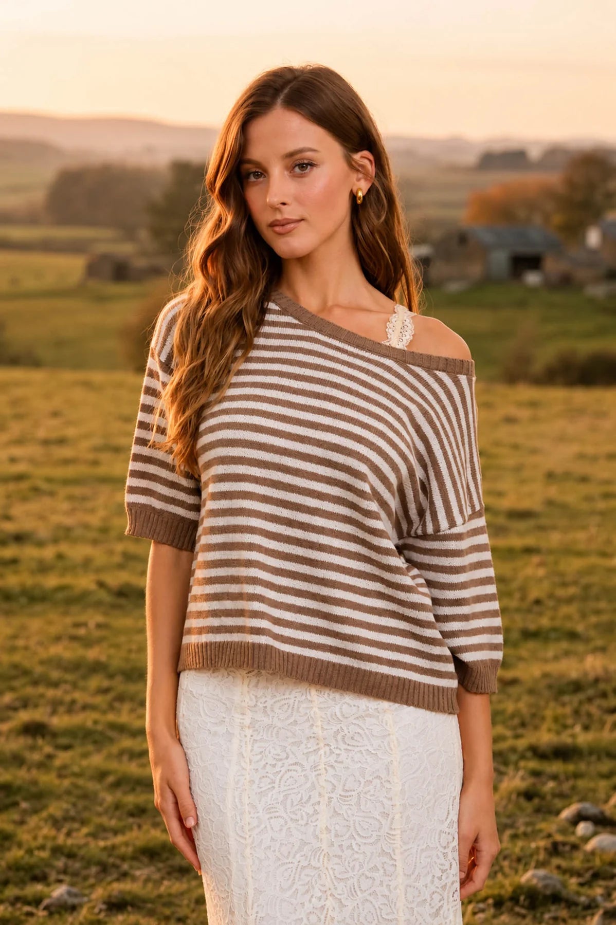 STRIPE CONTRAST TRIM SHORT SLEEVE KNIT SWEATER