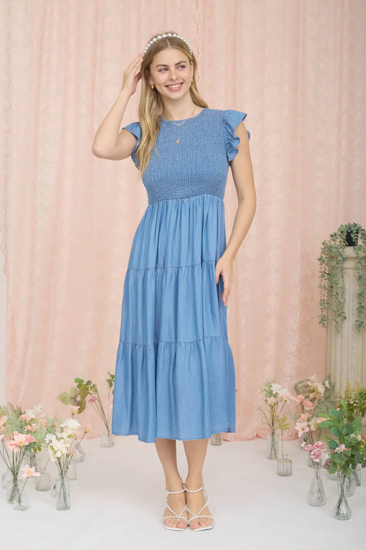 CHAMBRAY SMOCKED TIERED MIDI DRESS