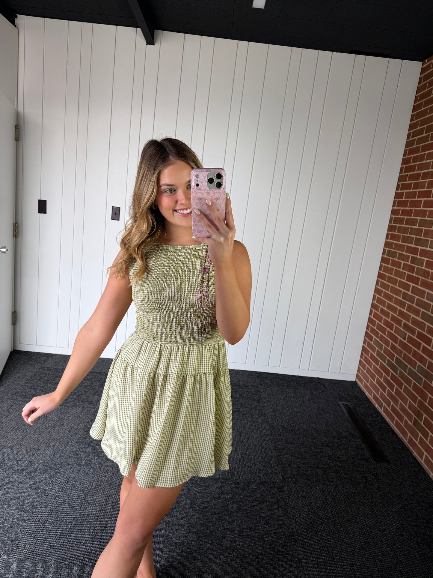 GINGHAM SLEEVELESS SMOCKED MINI DRESS