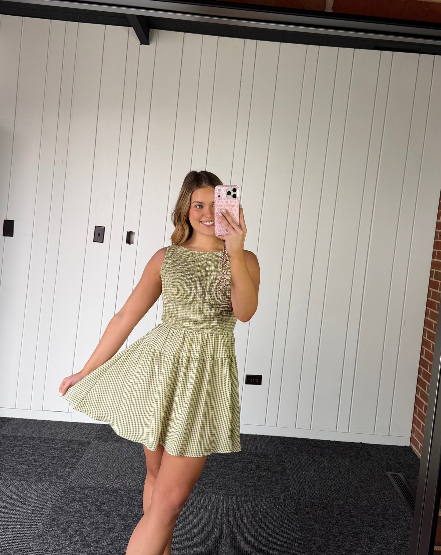 GINGHAM SLEEVELESS SMOCKED MINI DRESS