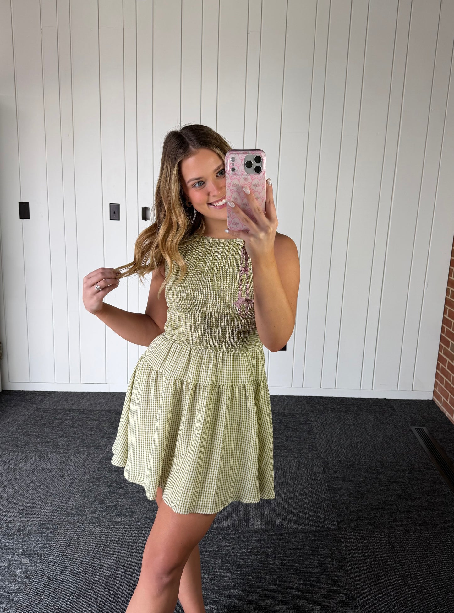 GINGHAM SLEEVELESS SMOCKED MINI DRESS