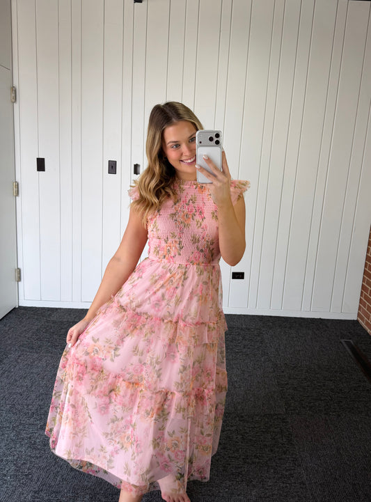FLORAL TULLE PATTERN SMOCKED TIERED MIDI DRESS