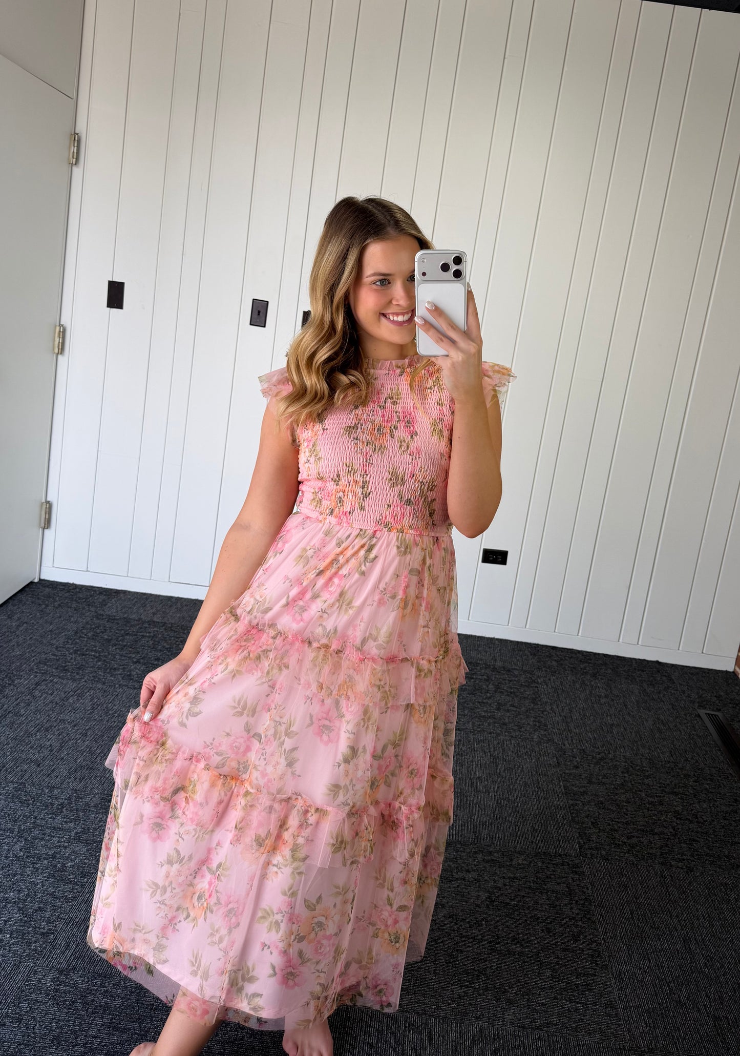 FLORAL TULLE PATTERN SMOCKED TIERED MIDI DRESS