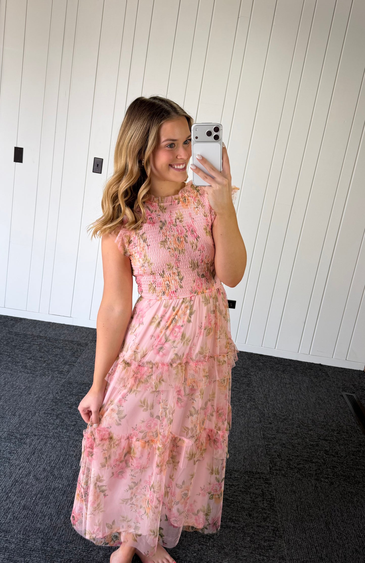 FLORAL TULLE PATTERN SMOCKED TIERED MIDI DRESS