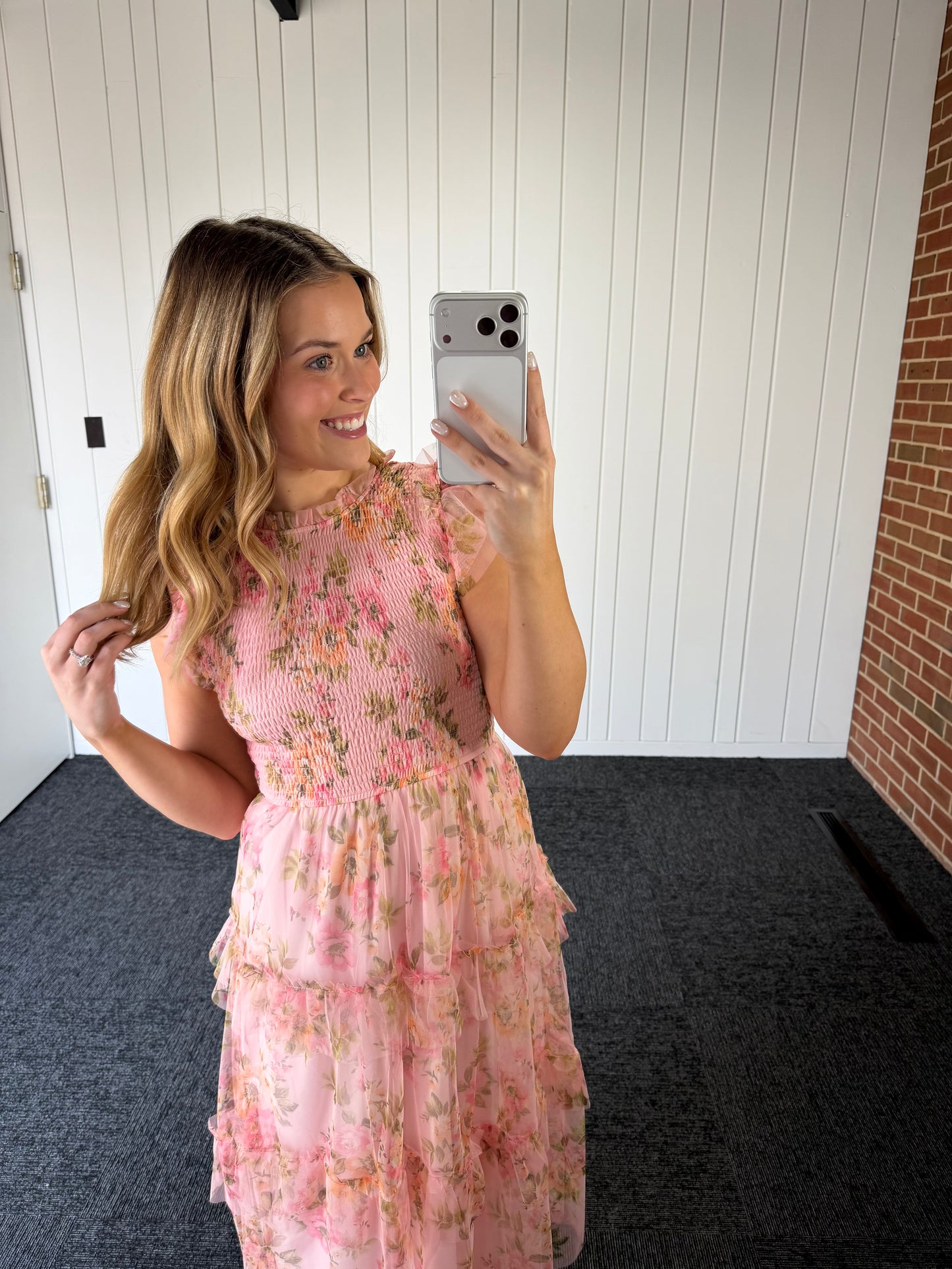 FLORAL TULLE PATTERN SMOCKED TIERED MIDI DRESS