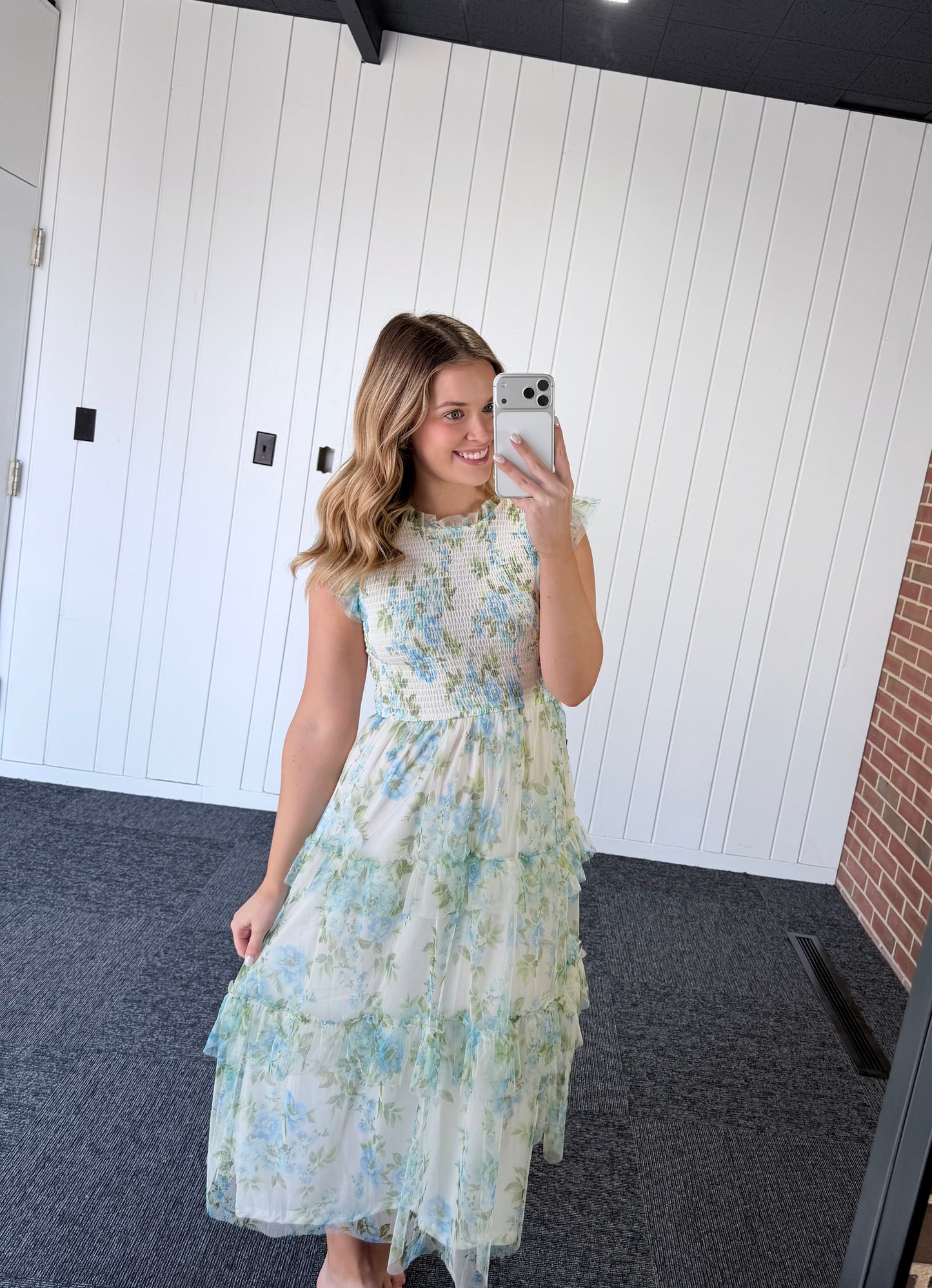 FLORAL TULLE PATTERN SMOCKED TIERED MIDI DRESS