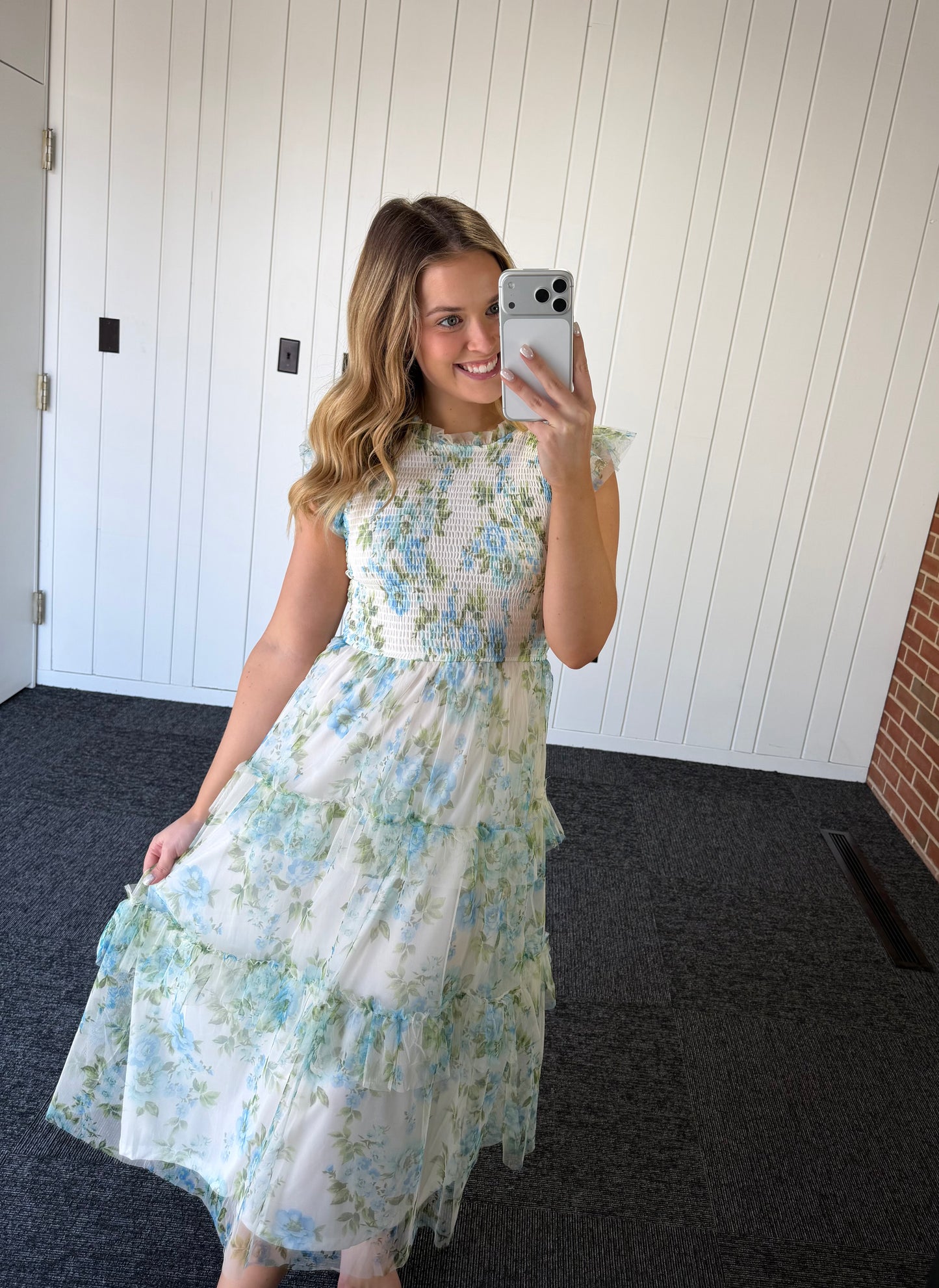 FLORAL TULLE PATTERN SMOCKED TIERED MIDI DRESS