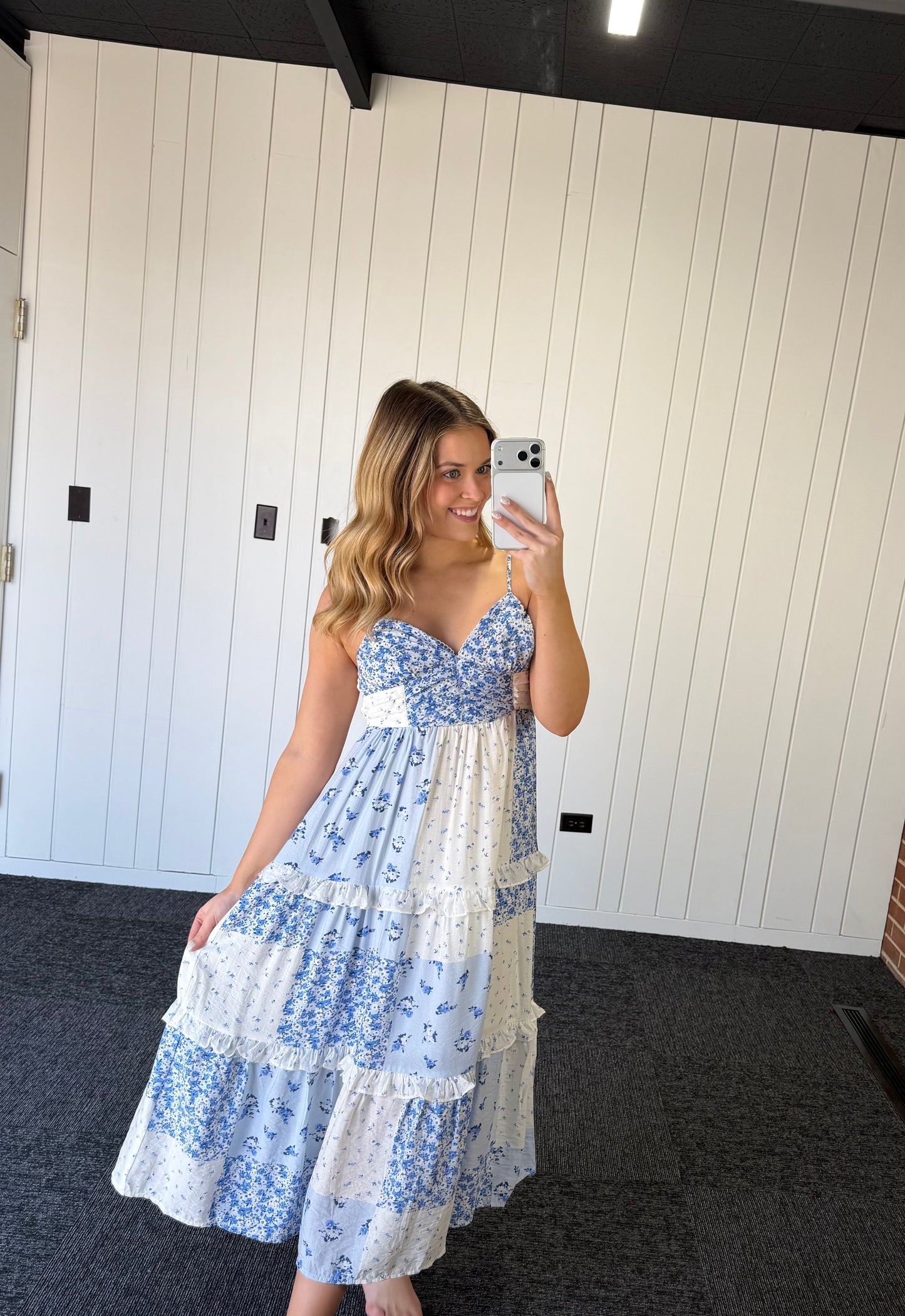 MULTI-CHECKERED PATTERN SPAGHETTI STRAP MIDI DRESS