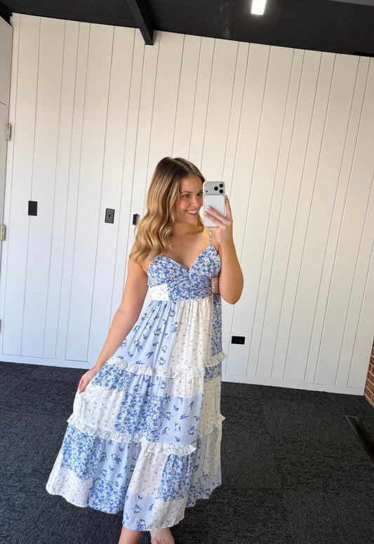 MULTI-CHECKERED PATTERN SPAGHETTI STRAP MIDI DRESS