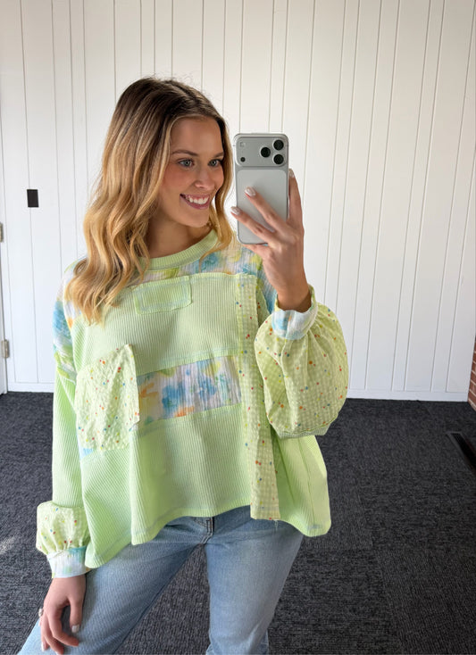 Long Sleeve Round Neck Floral Stripe Stitch Knit Top