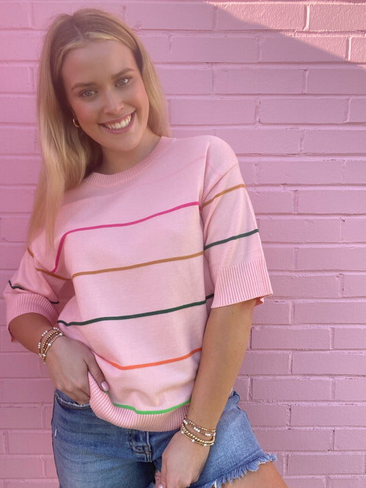 Pink Stripe Half Sleeve Sweater