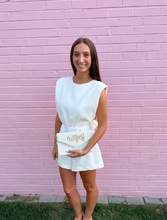 Padded Shoulders Elasticized Waist Back Tie Romper