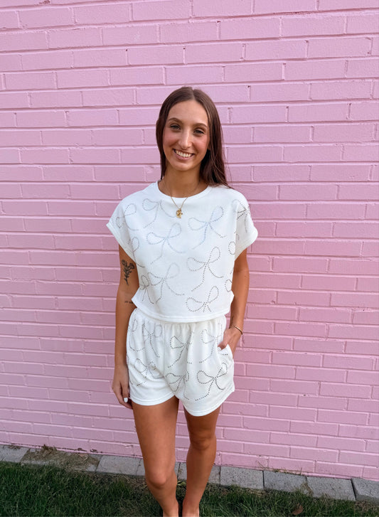Rhinestone White Crop Top Set