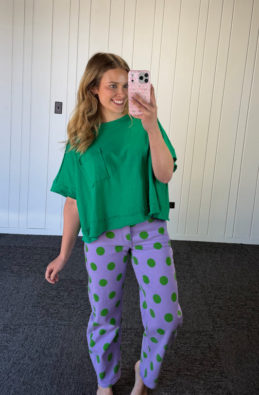 Purple and Green Polka Dot Barrel Pants