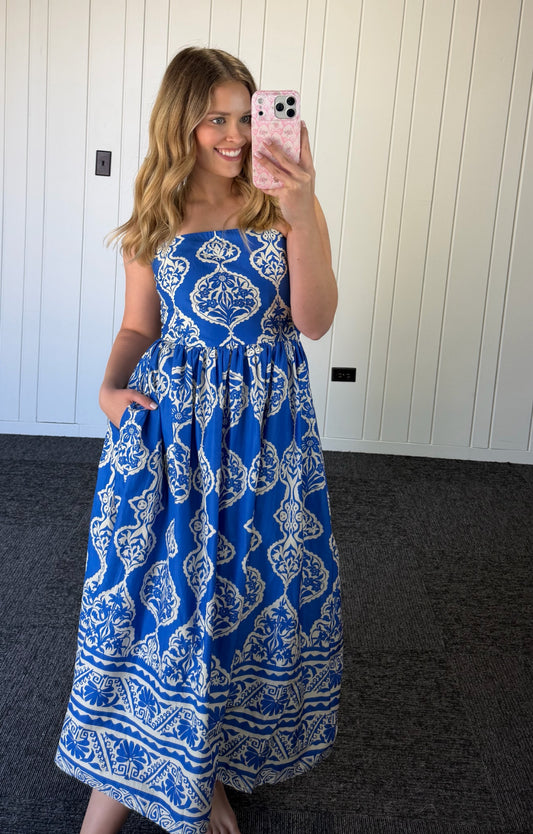 Printed strapless midi dress