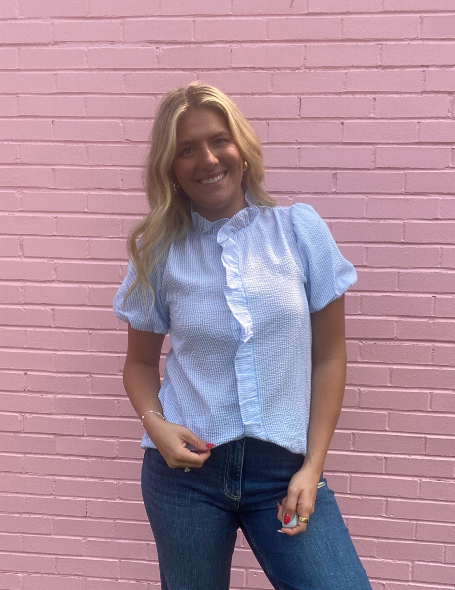 Blue Stripe Ruffle Blouse