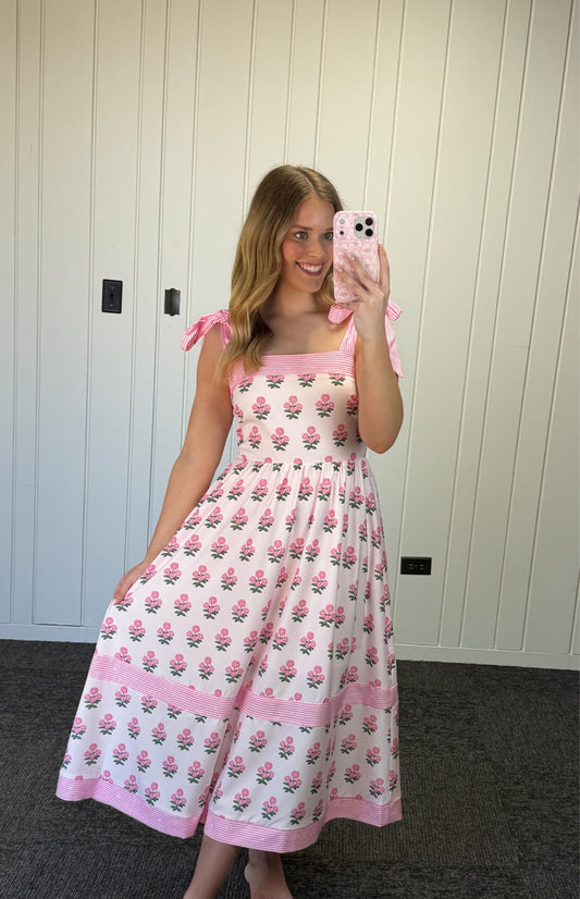 Pink Floral Tie Strap Midi Dress