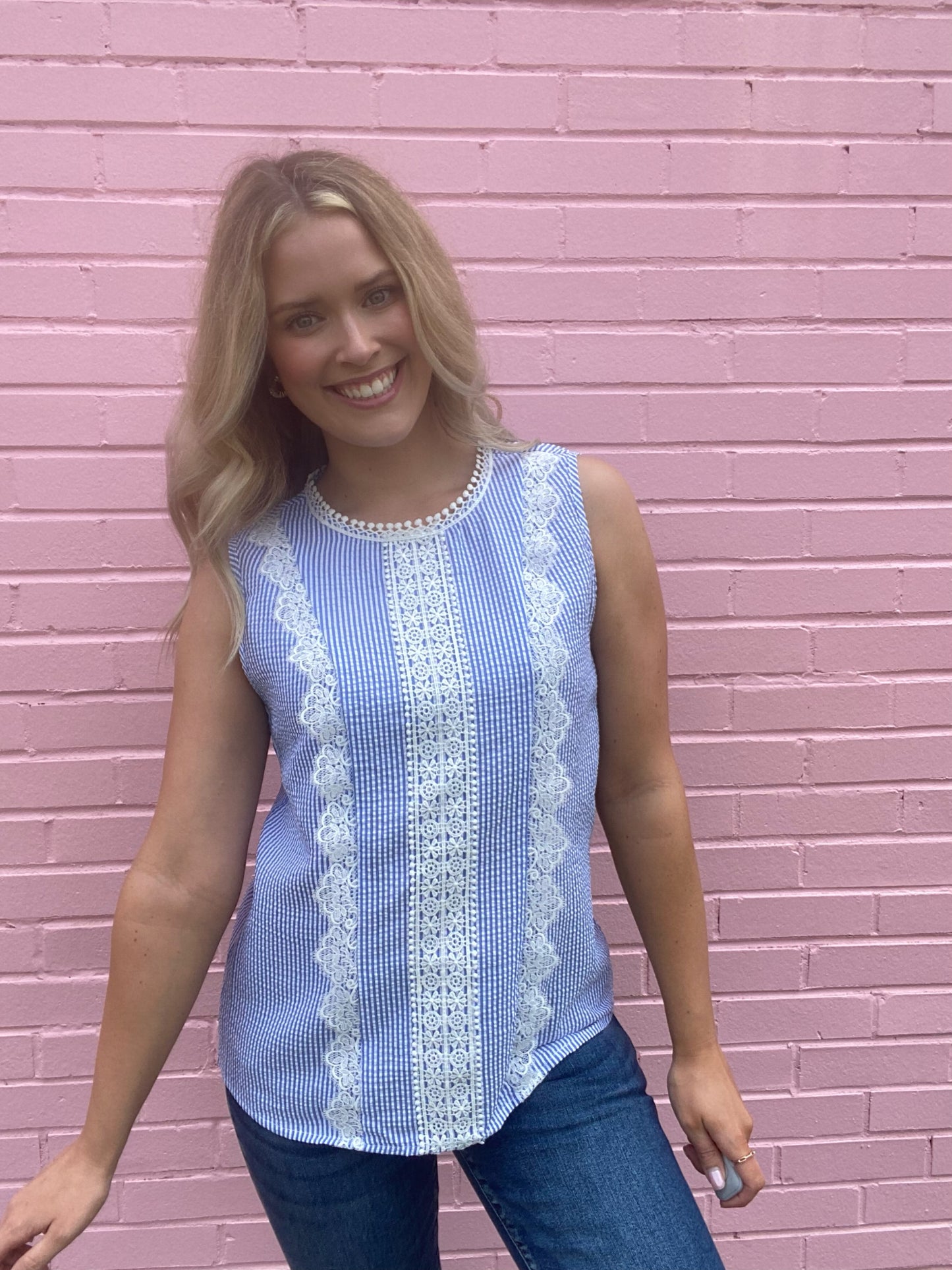 Blue Tank w/ Lace Detail