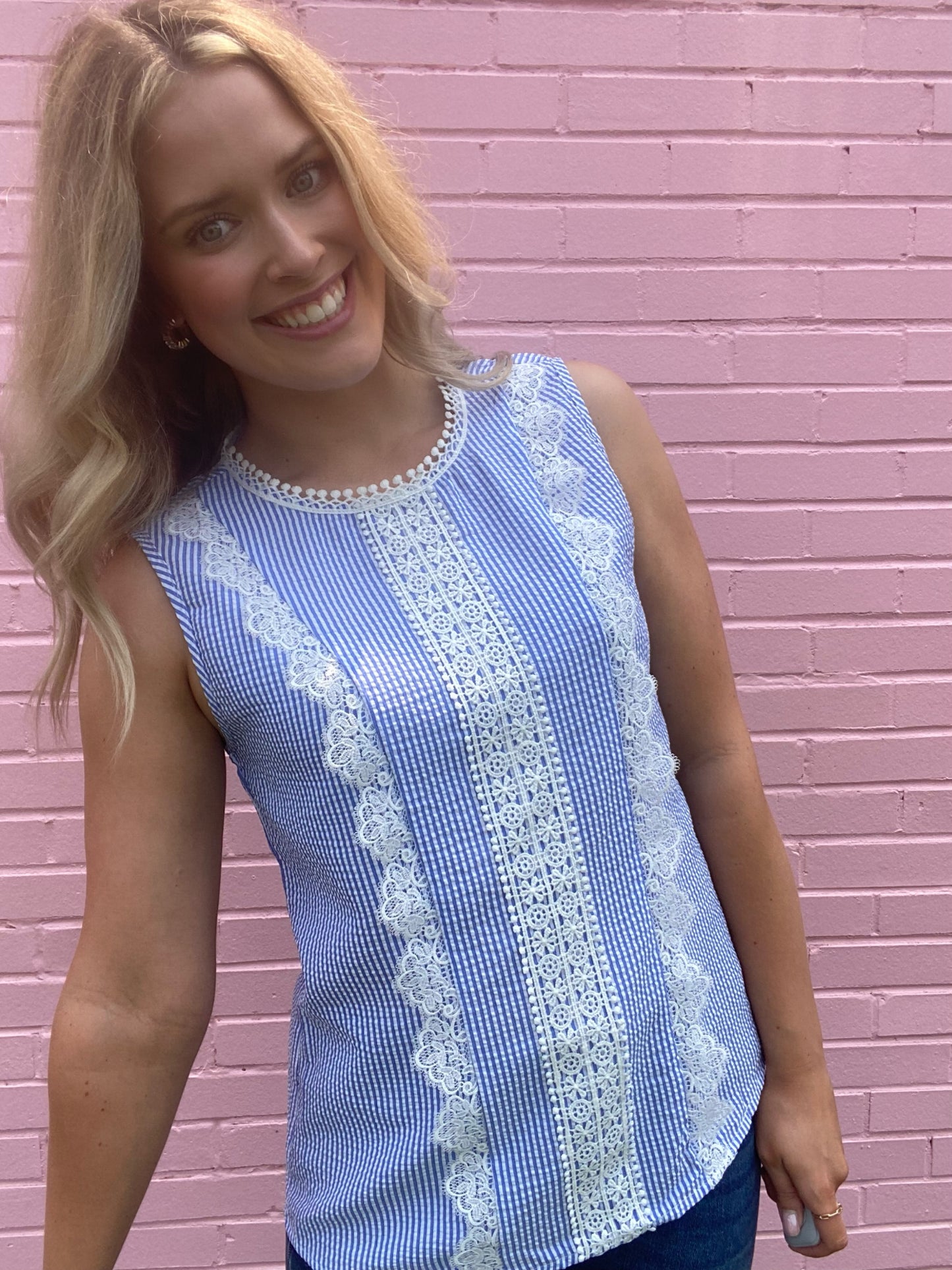 Blue Tank w/ Lace Detail