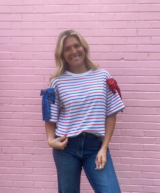 Red, White, and Blue Stripe Shirt w/ Bow Detail
