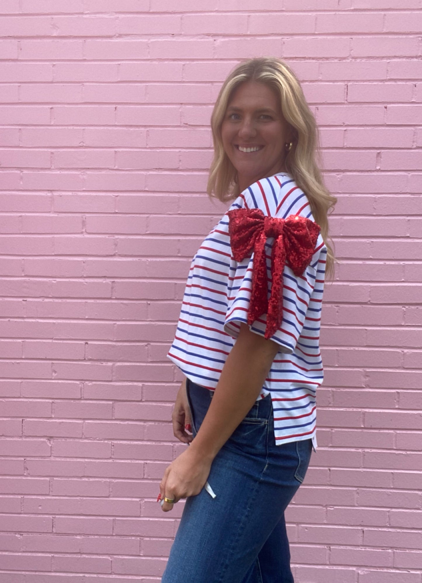 Red, White, and Blue Stripe Shirt w/ Bow Detail