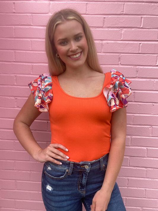Orange Bodysuit w/ Ruffle Sleeve