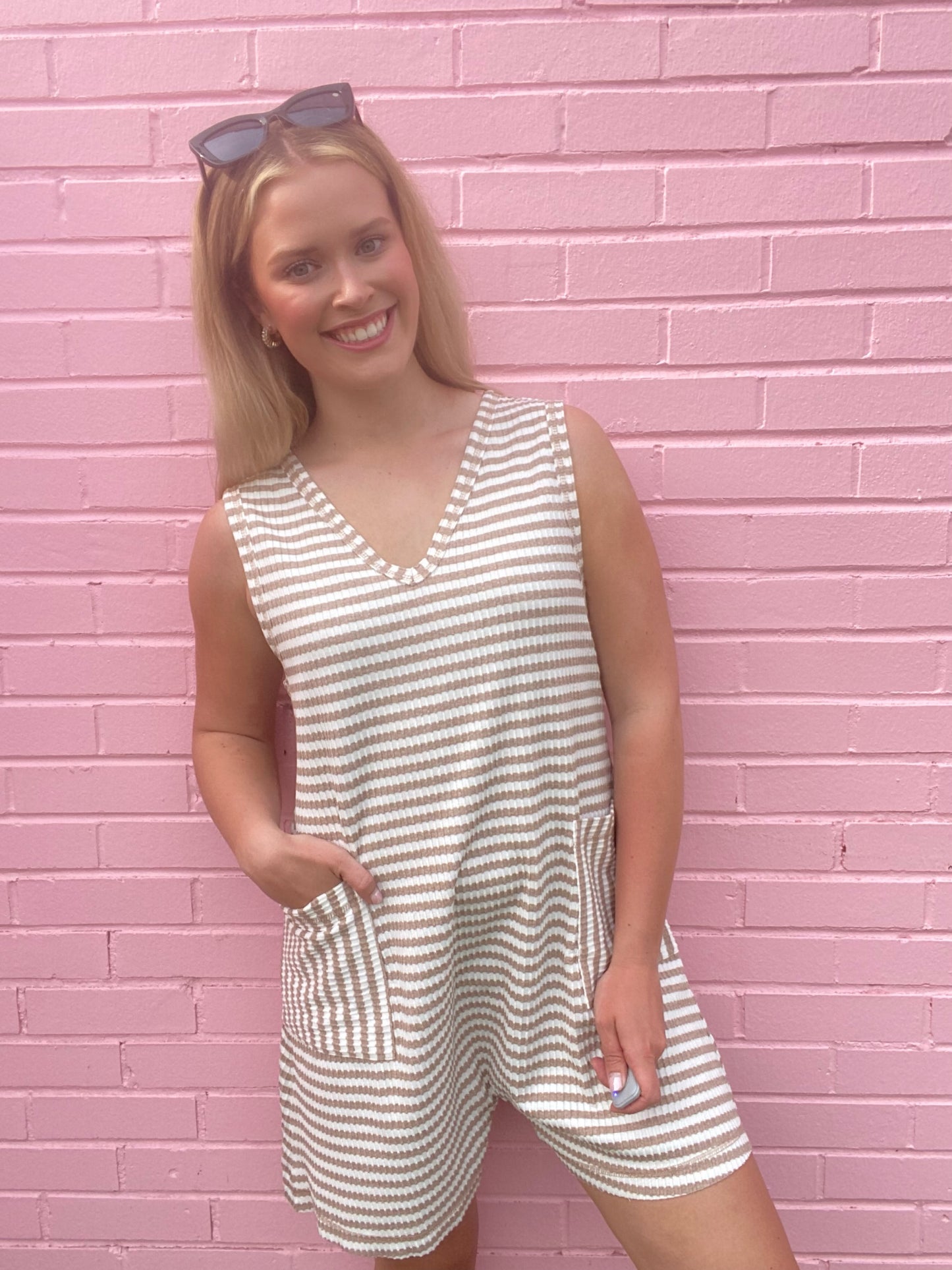 Taupe Stripe Romper w/ Pockets