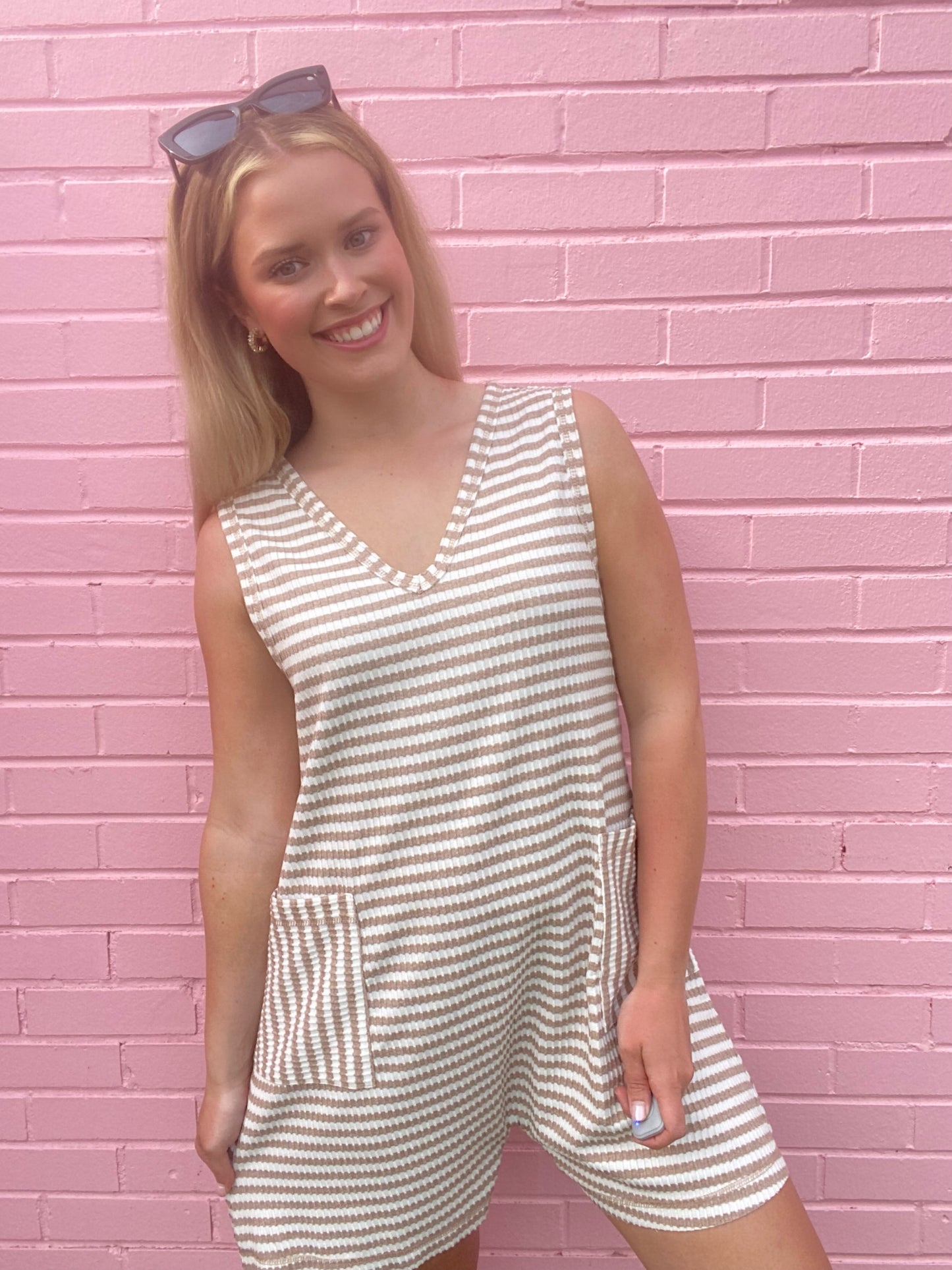 Taupe Stripe Romper w/ Pockets