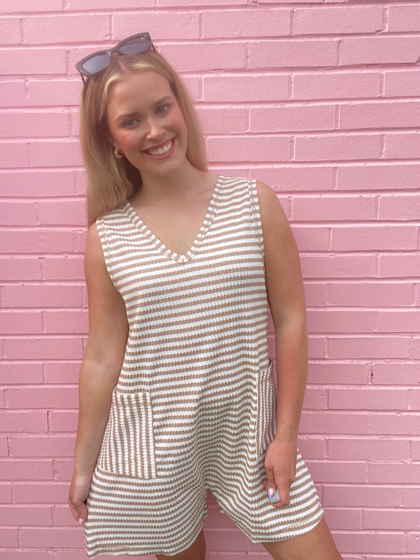 Taupe Stripe Romper w/ Pockets