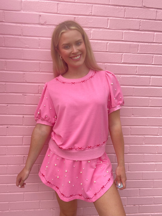 Pink Skort Set w/ Pearl & Bow Detail