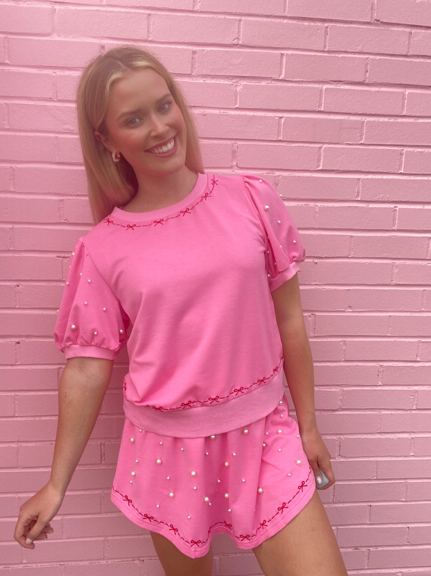 Pink Skort Set w/ Pearl & Bow Detail
