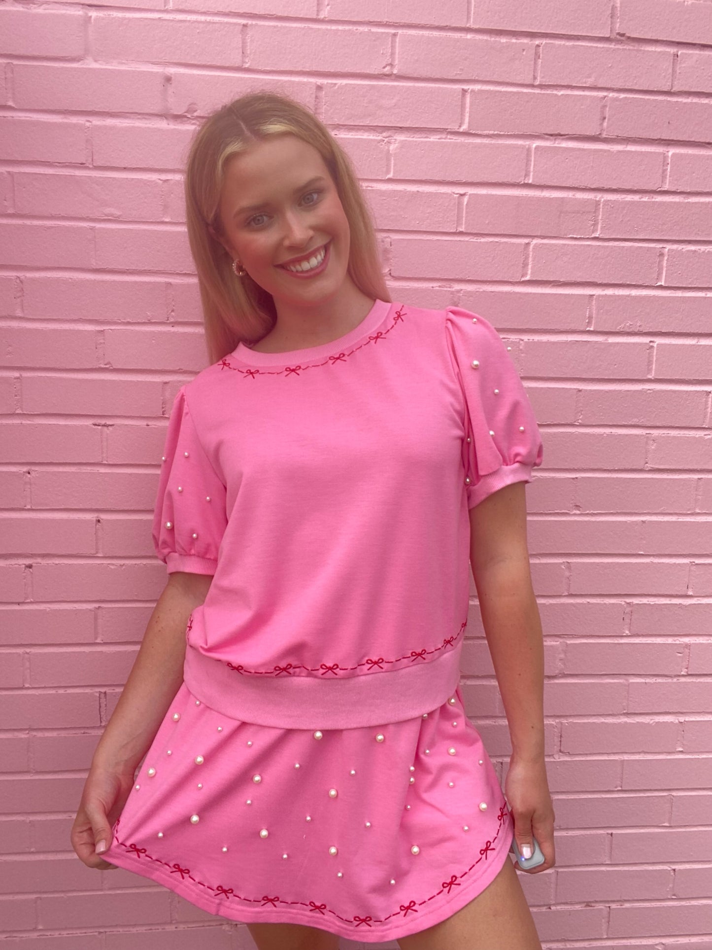 Pink Skort Set w/ Pearl & Bow Detail