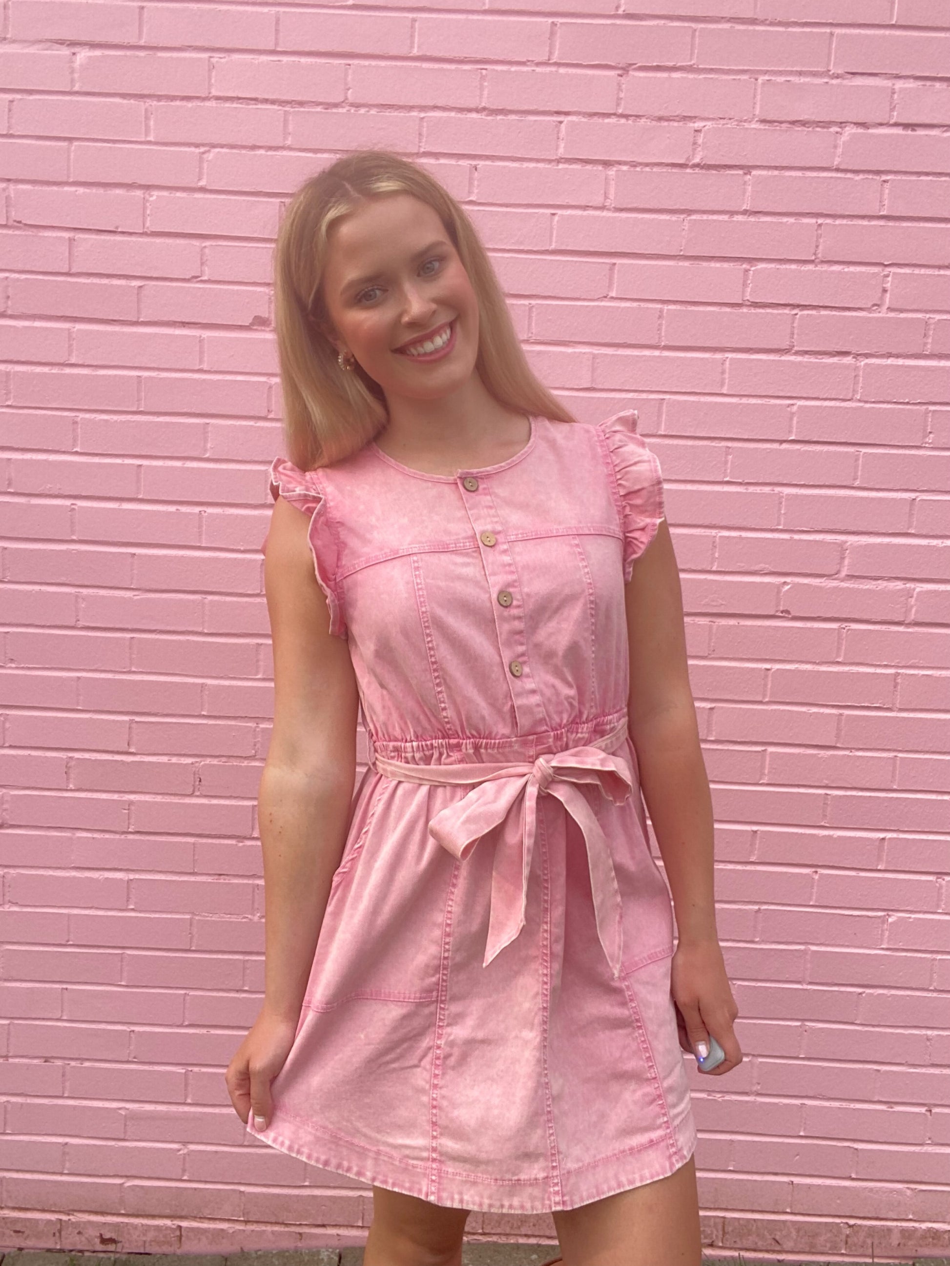 pink boutique denim dress Country Girl Belted Denim Dress