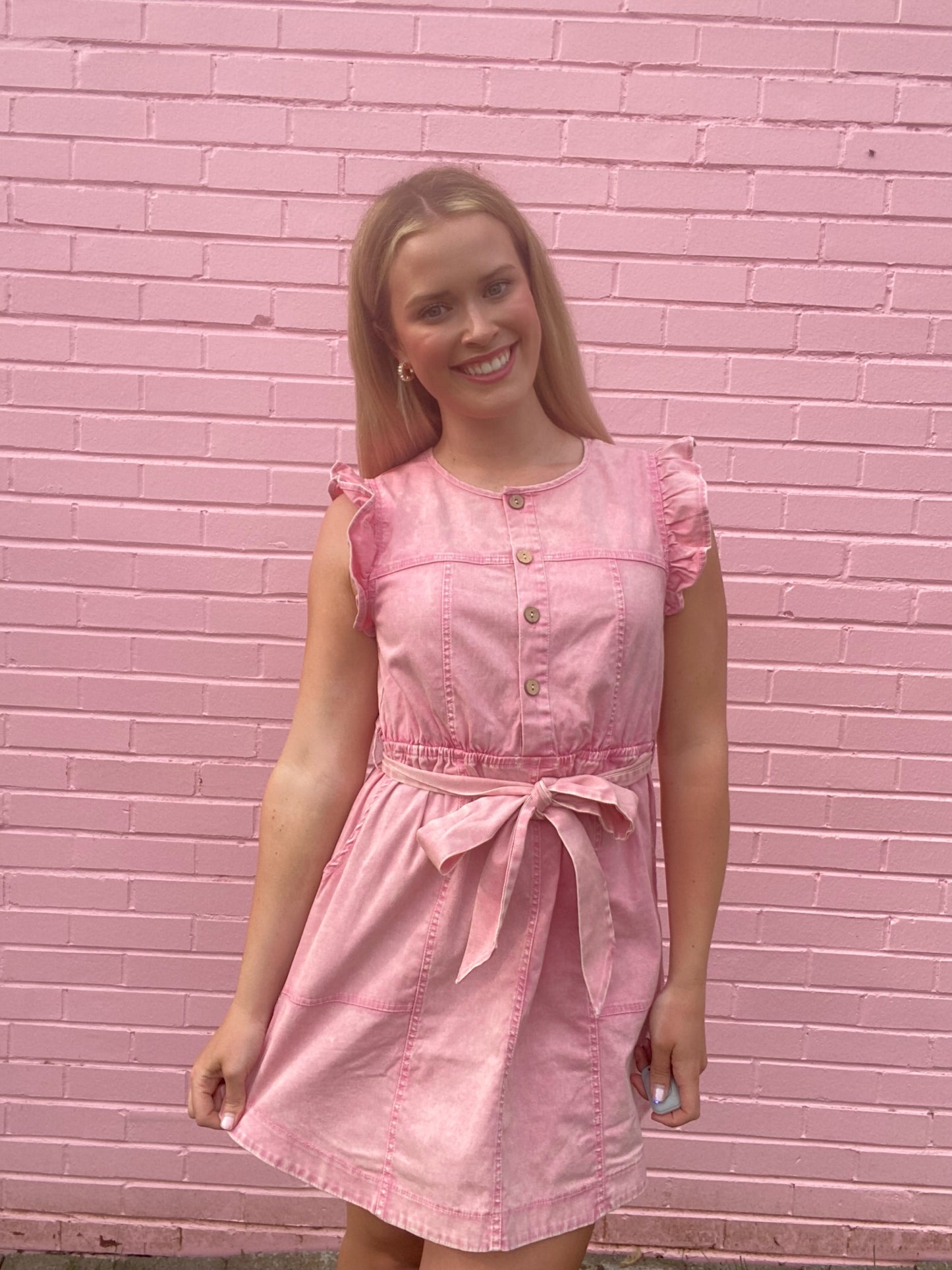 Pink Denim Dress w/ Ruffle Cap Sleeve