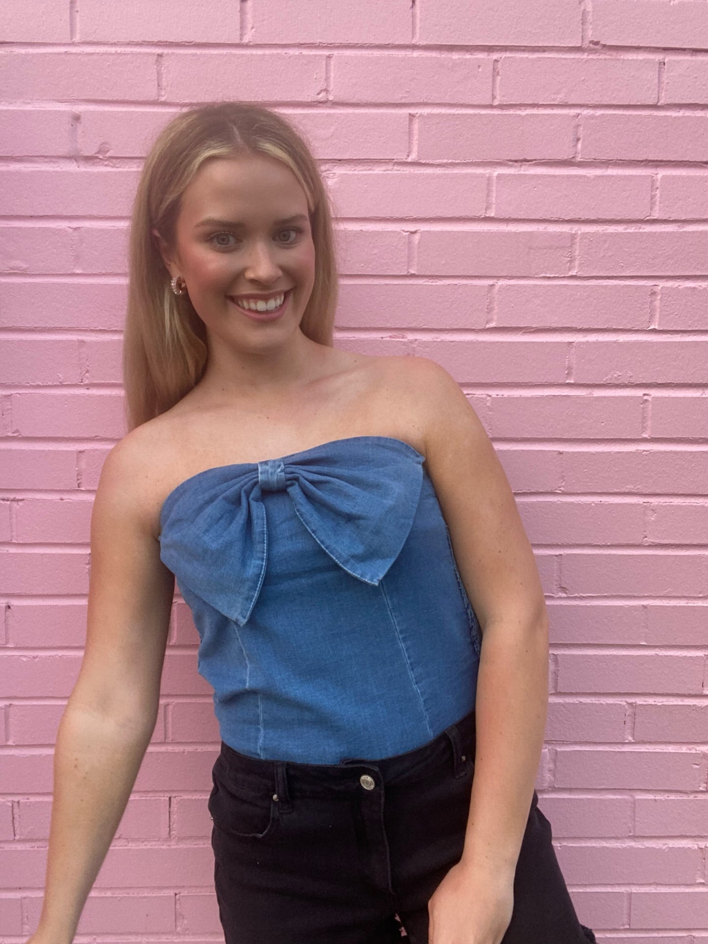 Denim Bow Strapless Top
